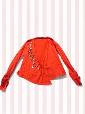 Oilily Red Open-Front Cardigan with Floral Embroidery
